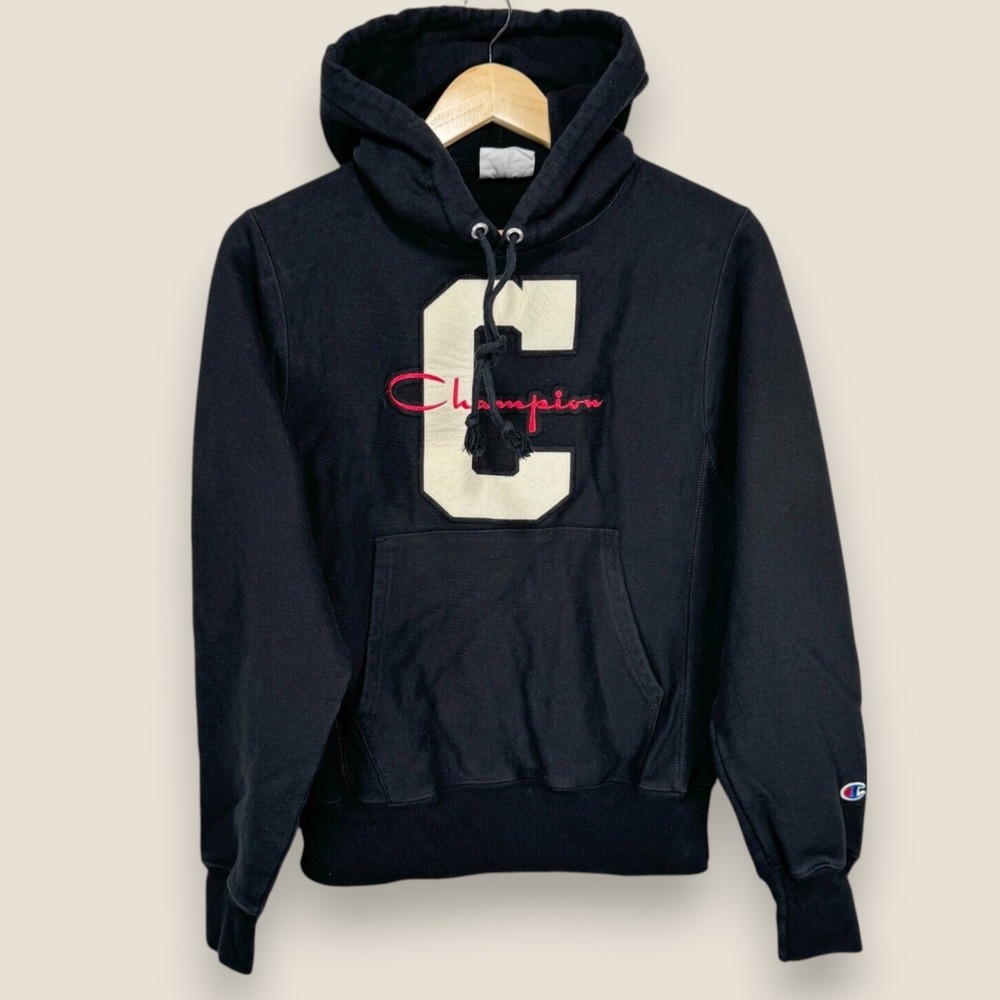 Champion Reverse Weave Chenille Felt Logo Hoodie Sweatshirt Men X-Small Black - Picture 1 of 9